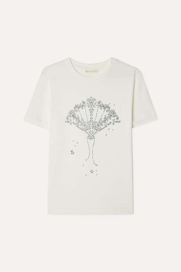 Kadın Kırık Beyaz Baskılı Bisiklet Yaka T-Shirt