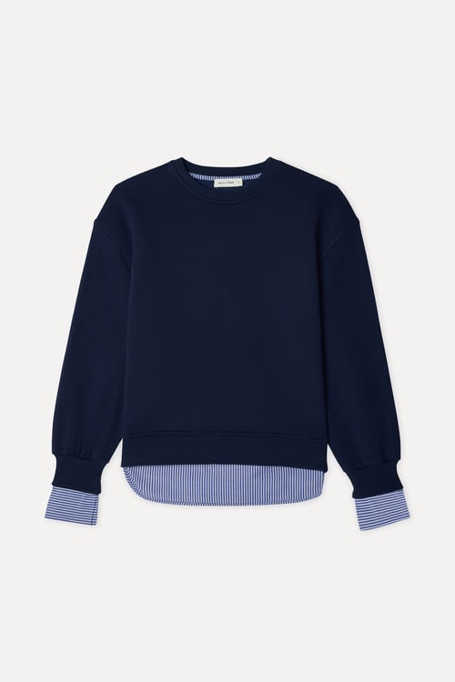 Kadın Lacivert Çizgili Oversize Bisiklet Yaka Sweatshirt