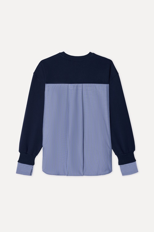 Kadın Lacivert Çizgili Oversize Bisiklet Yaka Sweatshirt
