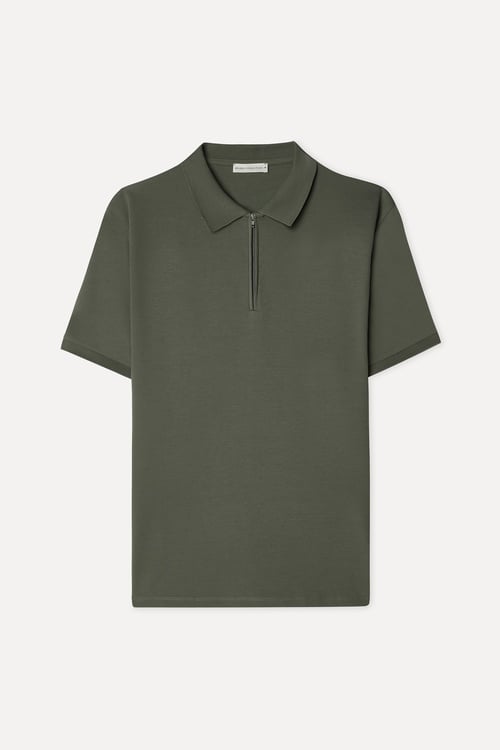  Erkek Haki Fermuarlı Polo Yaka Kısa Kollu T-Shirt
