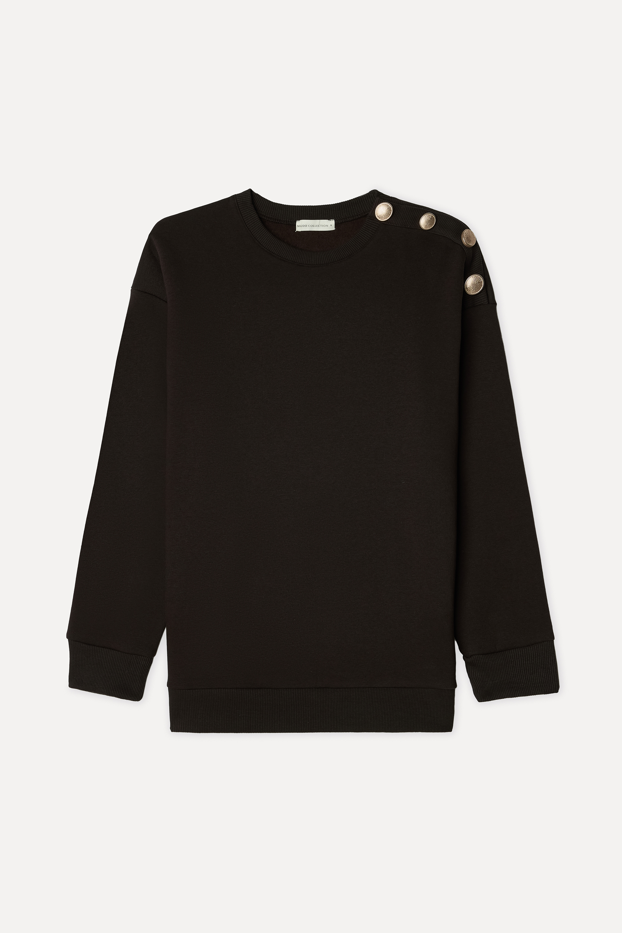 Kadın Kahverengi Düğme Detaylı Loose Fit Bisiklet Yaka Sweatshirt