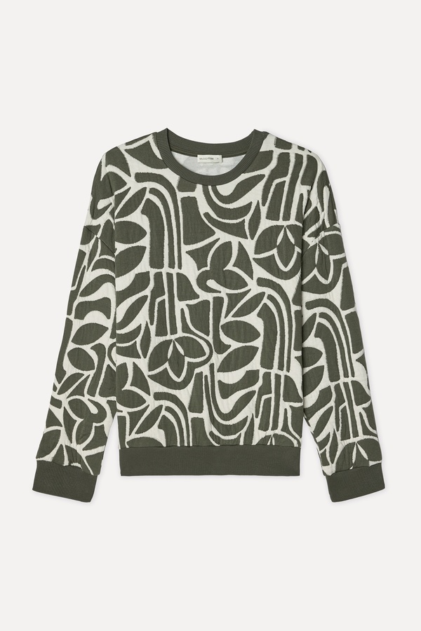 Kadın Haki Nakışlı Loose Fit Bisiklet Yaka Sweatshirt
