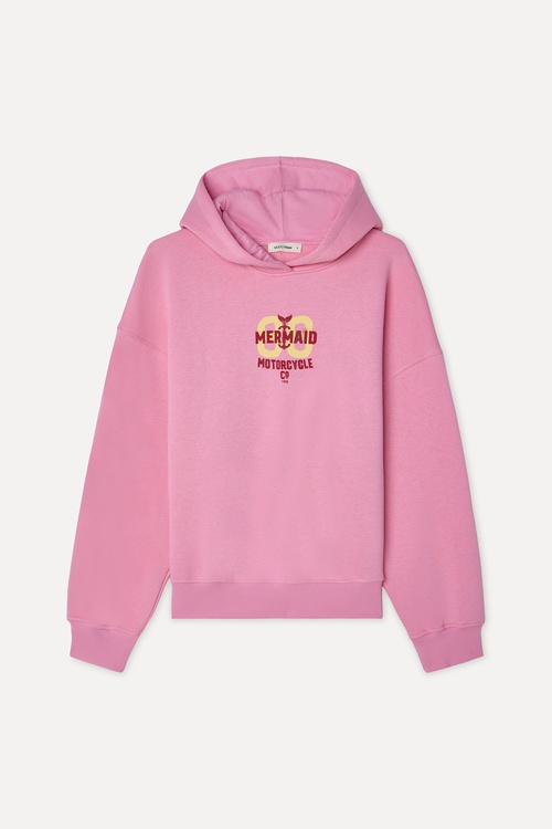 Kadın Pembe Baskılı Oversize Kapüşonlu Sweatshirt
