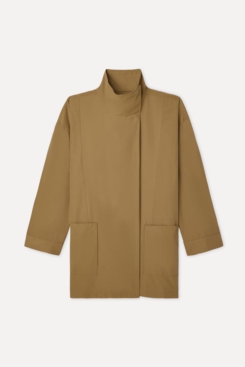 Kadın Bej Rengi Oversize Dik Yaka Uzun Trençkot