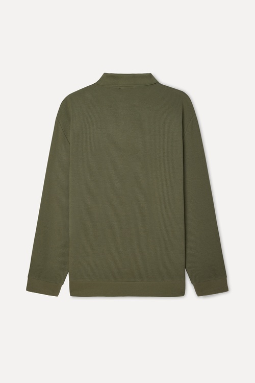 Erkek Haki Tekstürlü Comfort Fit Polo Yaka Sweatshirt