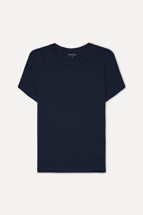 Kadın Lacivert Fitted Bisiklet Yaka Kısa Kollu T-Shirt