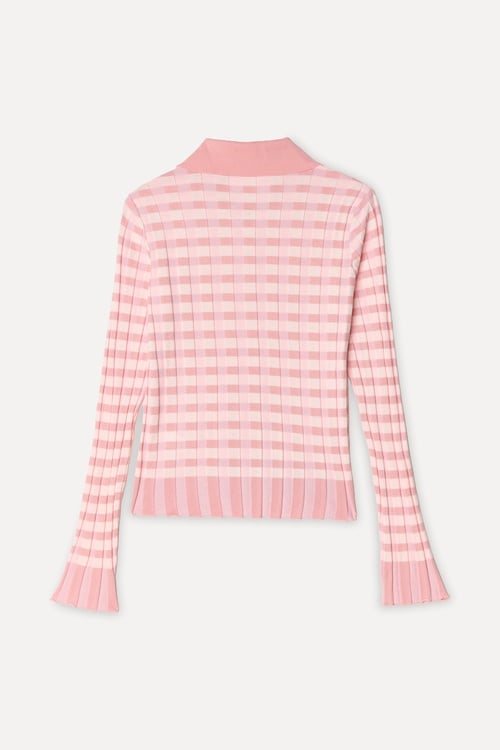 Kadın Pembe Jakarlı Fitted Polo Yaka Hırka