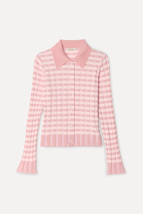 Kadın Pembe Jakarlı Fitted Polo Yaka Hırka