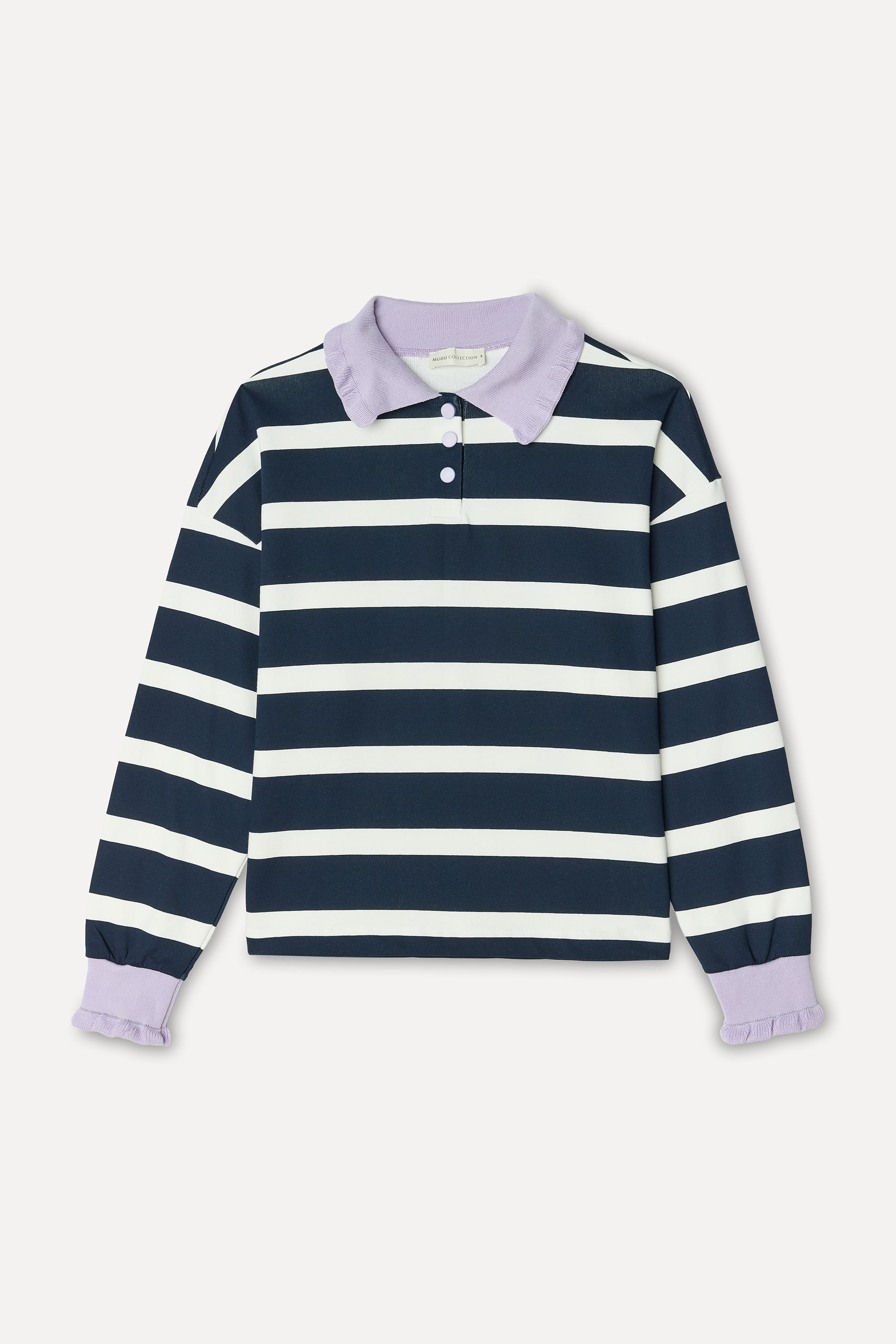 Kadın Ekru Çizgili Loose Fit Polo Yaka Sweatshirt