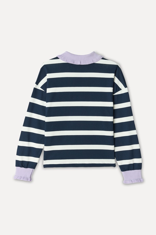 Kadın Ekru Çizgili Loose Fit Polo Yaka Sweatshirt