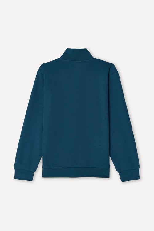 Erkek İndigo Tekstürlü Comfort Fit Dik Yaka Fermuarlı Sweatshirt