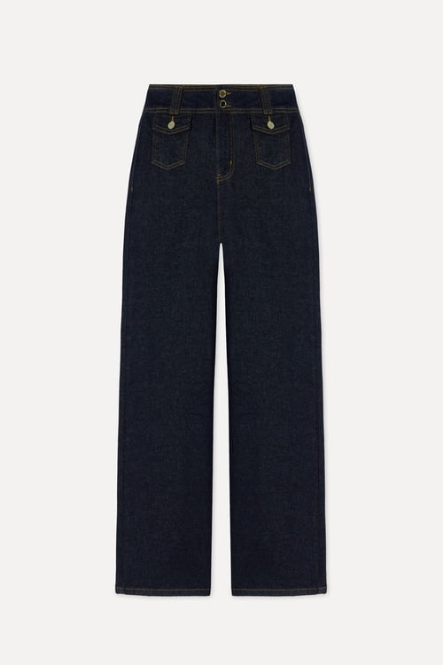 Kadın İndigo Ön Cepli Wide Leg Pantolon