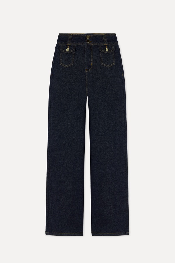 Kadın İndigo Ön Cepli Wide Leg Pantolon