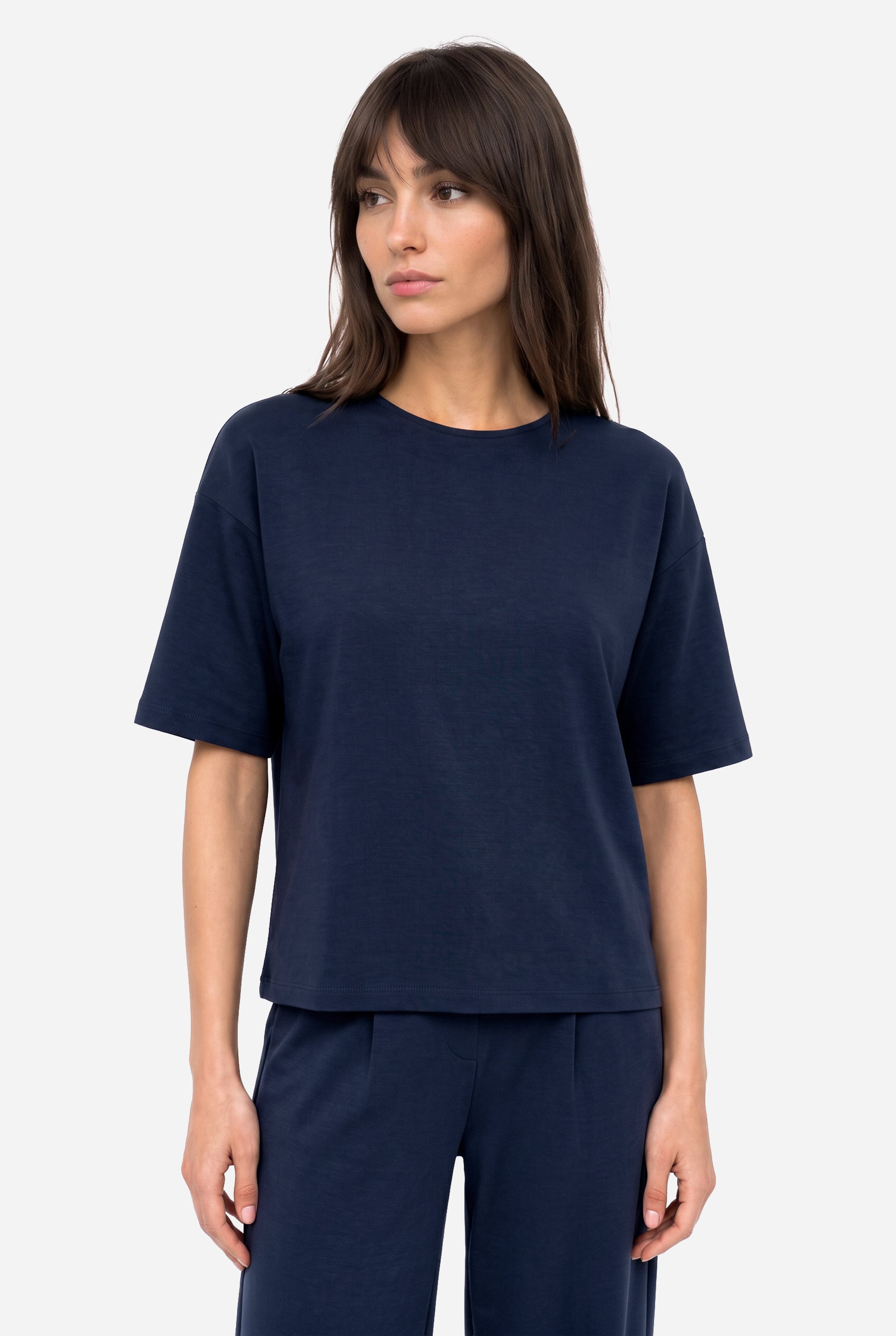Kadın Lacivert Loose Fit Bisiklet Yaka Modal Karışımlı Sweatshirt