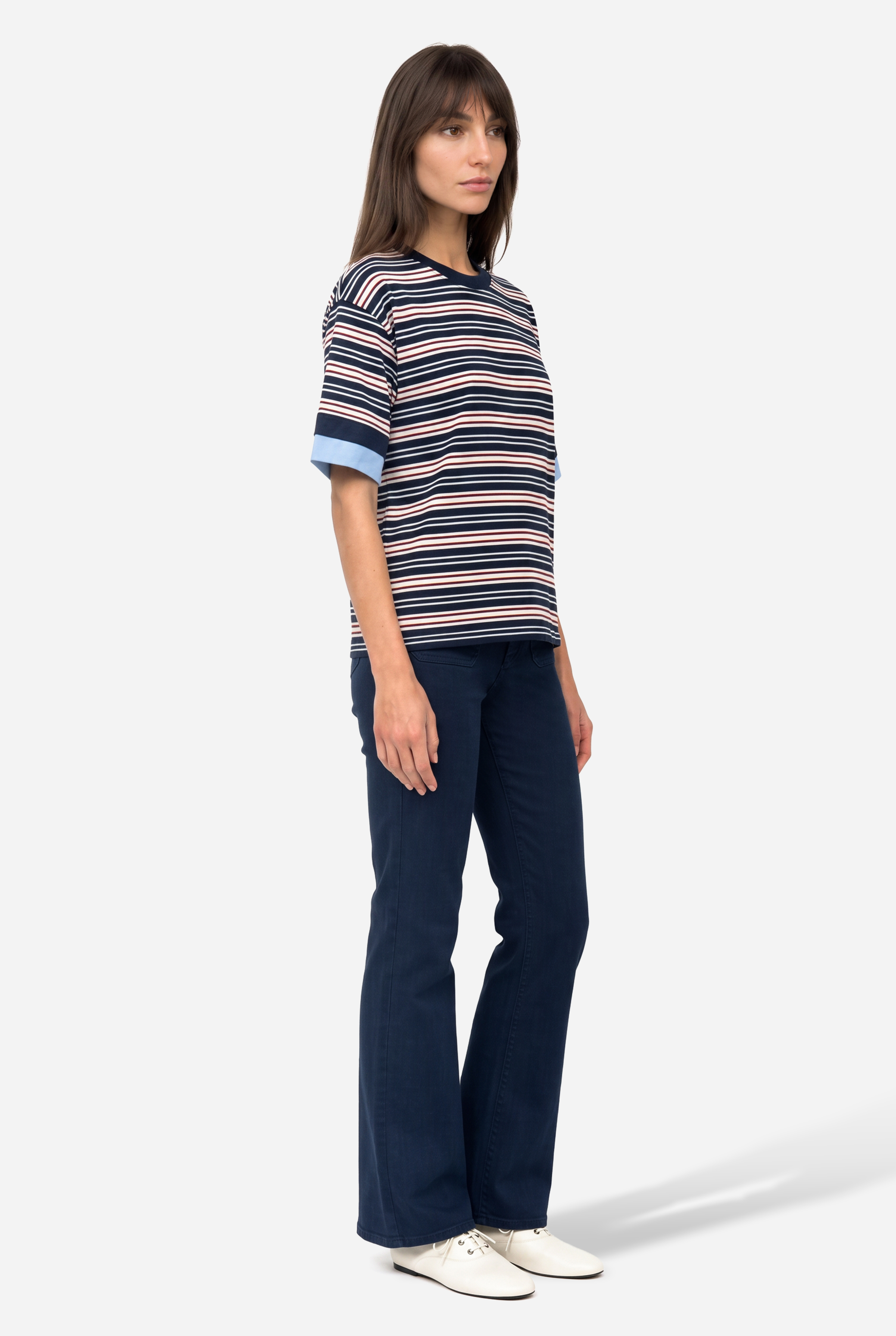Kadın Lacivert Çizgili Loose Fit Bisikelt Yaka T-Shirt