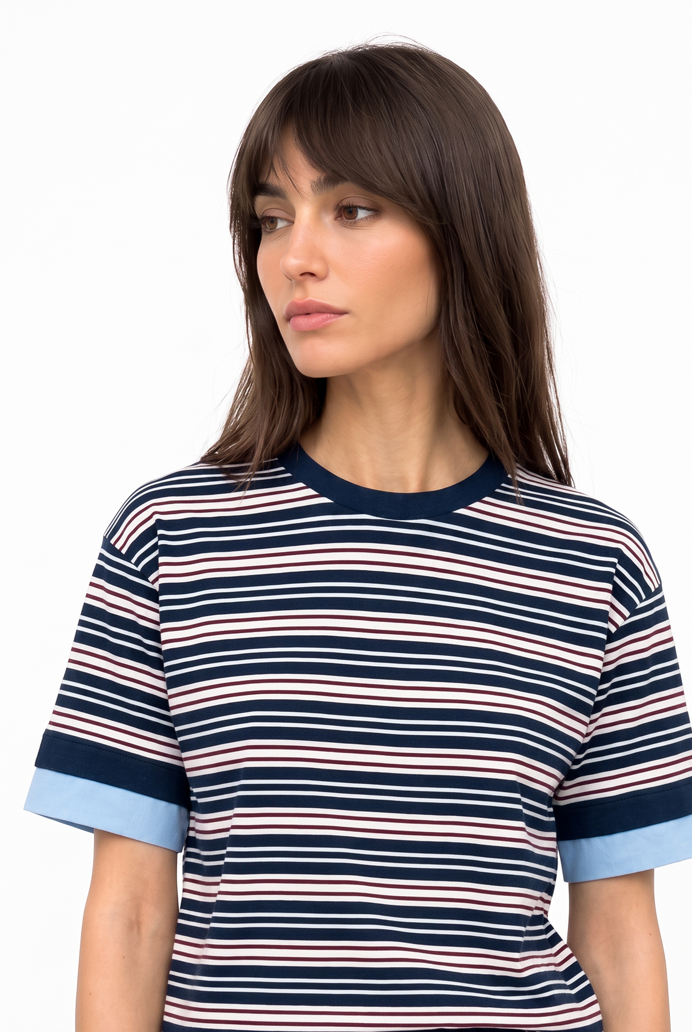 Kadın Lacivert Çizgili Loose Fit Bisikelt Yaka T-Shirt