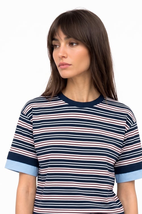 Kadın Lacivert Çizgili Loose Fit Bisikelt Yaka T-Shirt