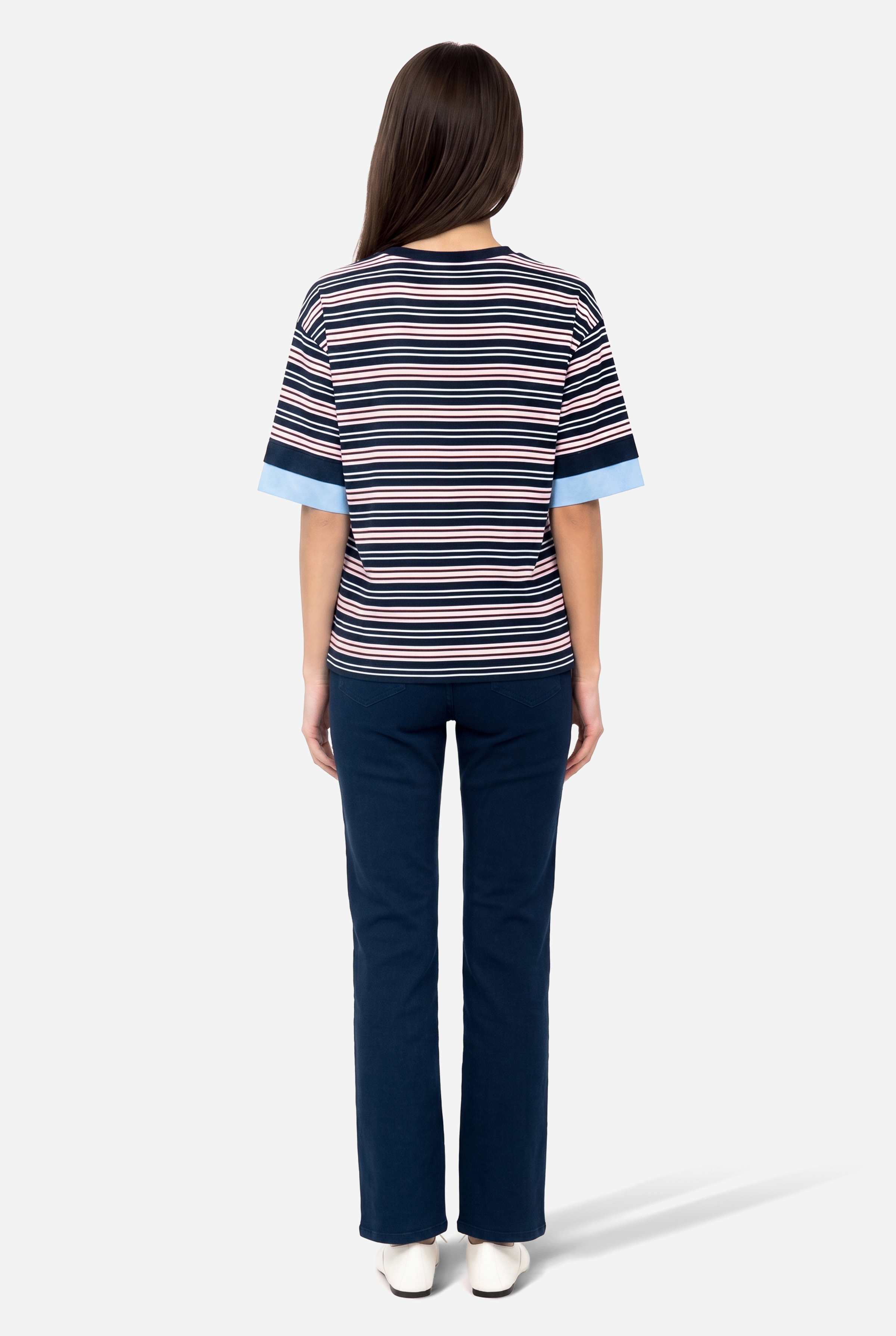 Kadın Lacivert Çizgili Loose Fit Bisikelt Yaka T-Shirt