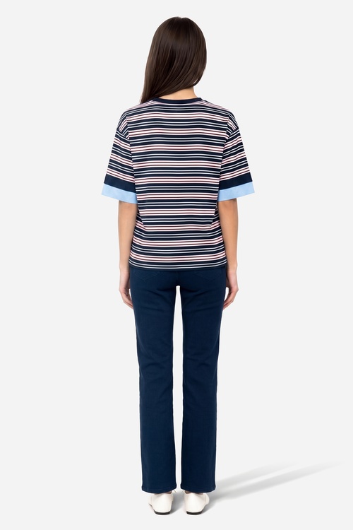 Kadın Lacivert Çizgili Loose Fit Bisikelt Yaka T-Shirt