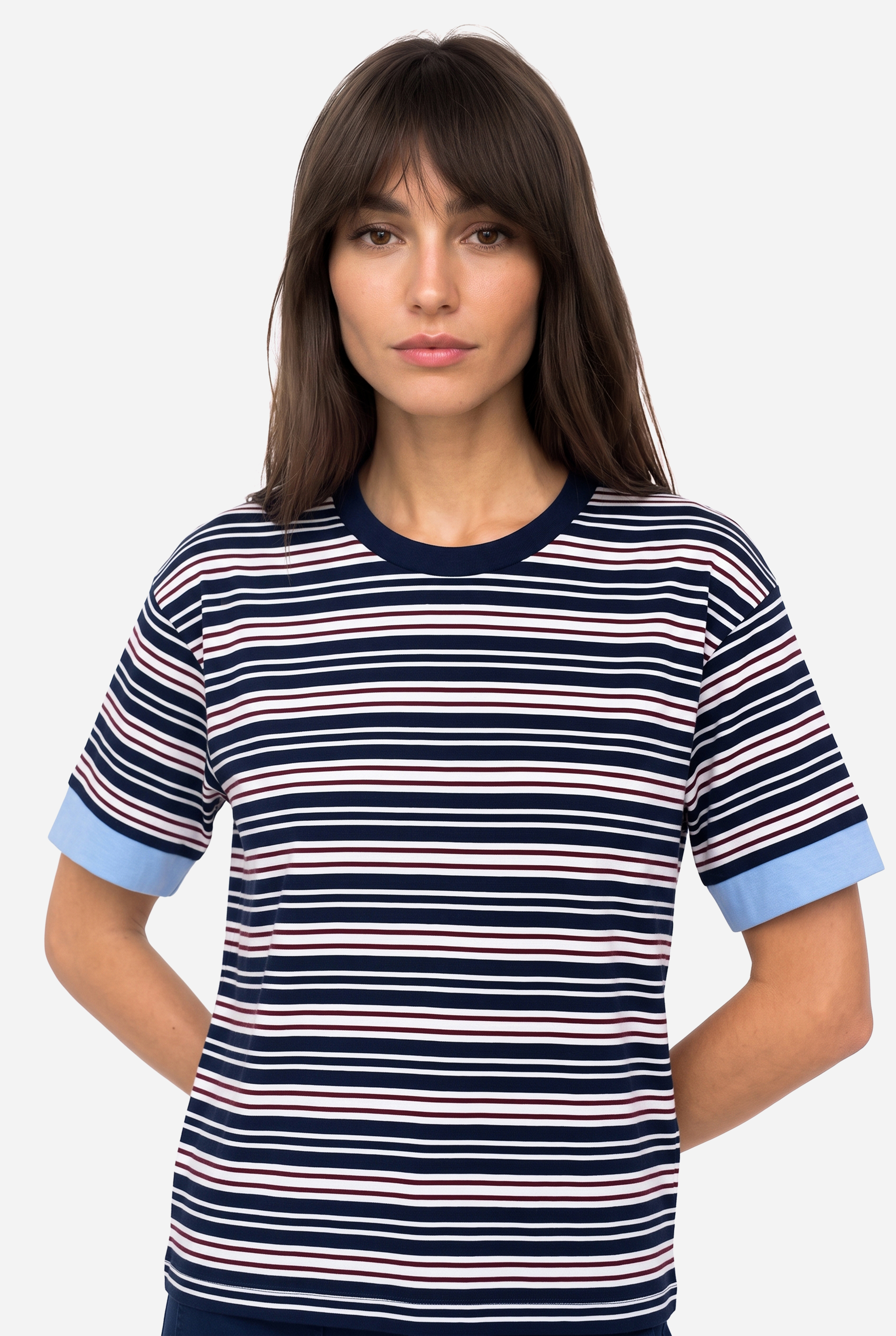 Kadın Lacivert Çizgili Loose Fit Bisikelt Yaka T-Shirt