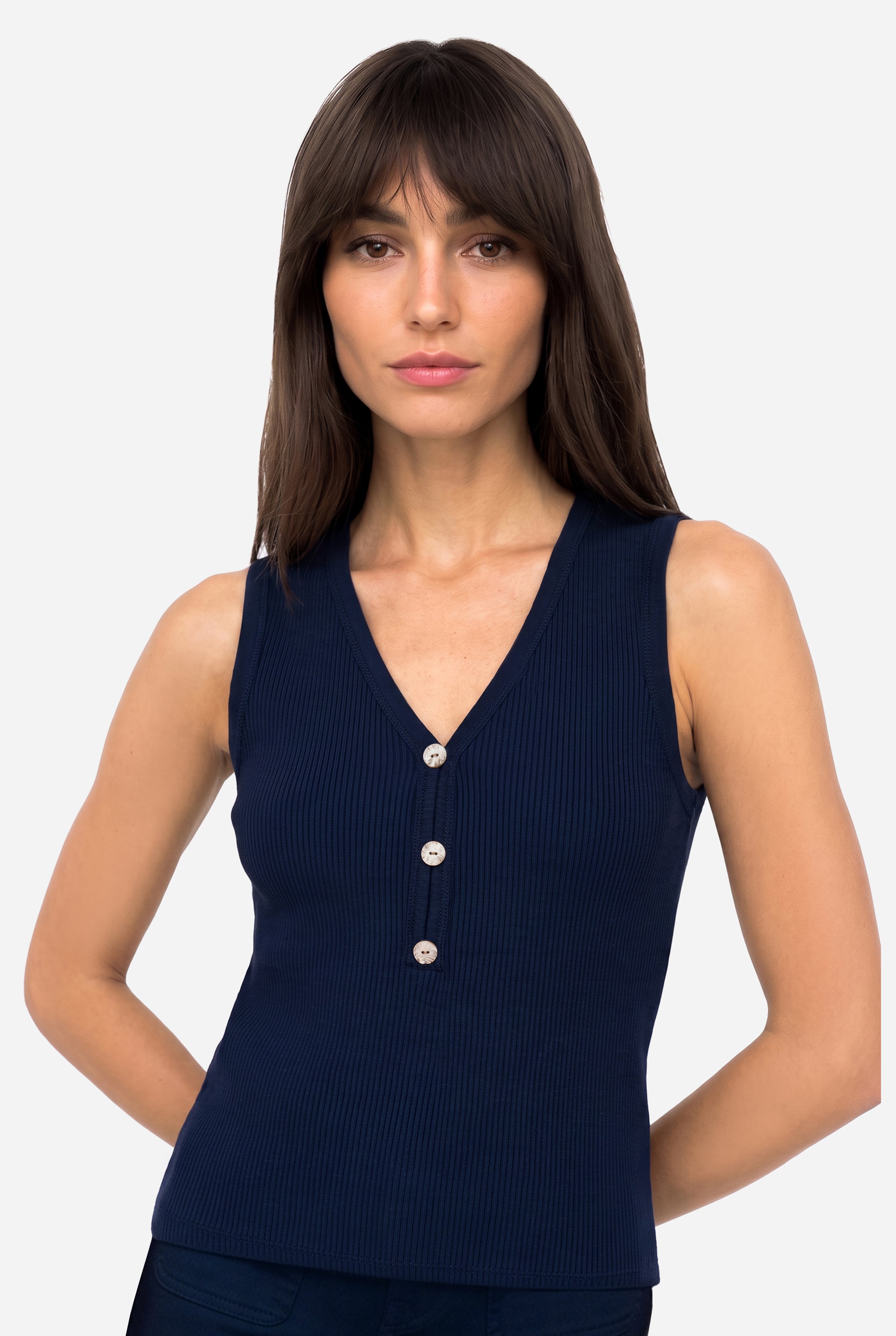 Kadın Lacivert Fitted V Yaka Kolsuz T-Shirt