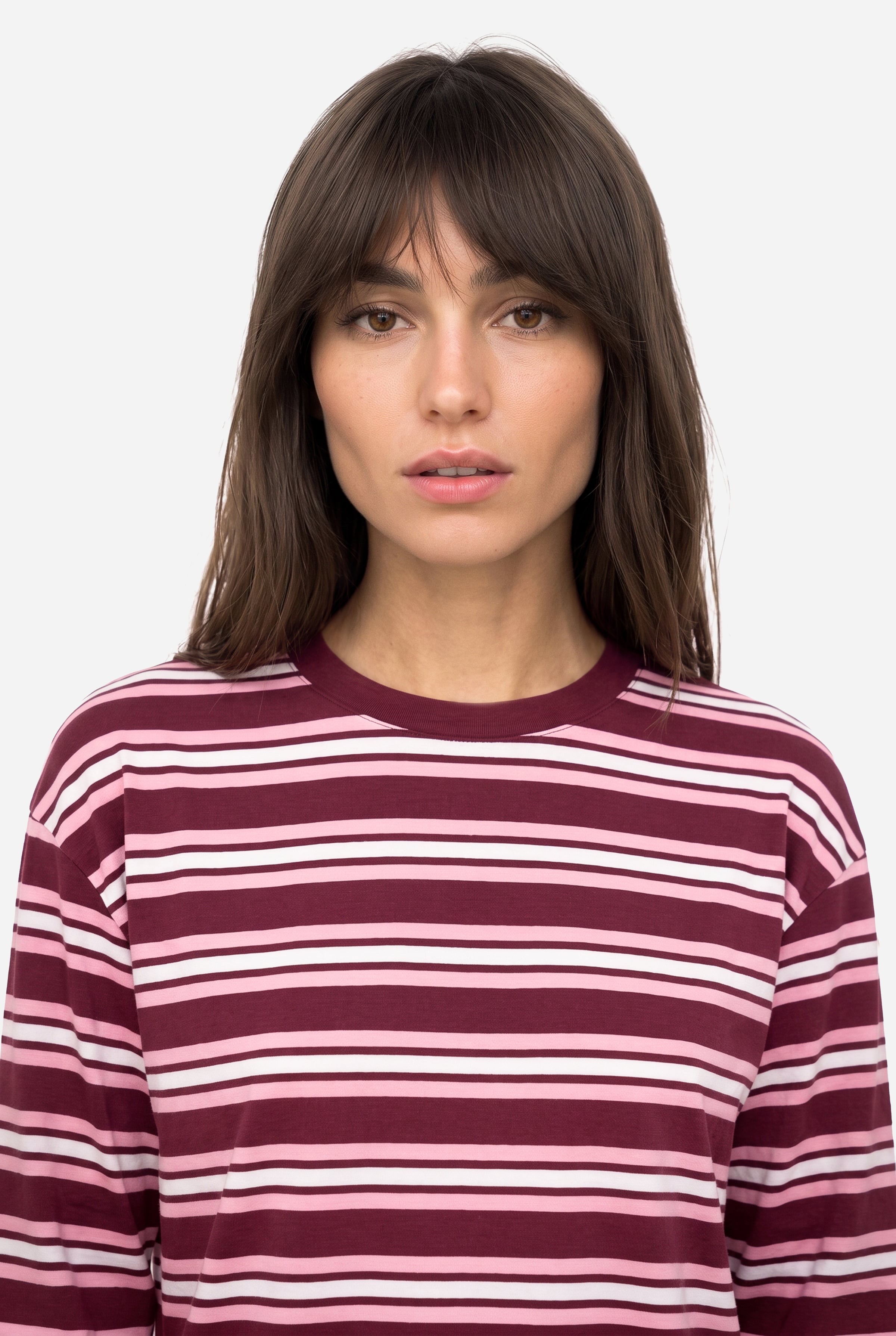 Kadın Bordo Çizgili Loose Fit Bisiklet Yaka Sweatshirt