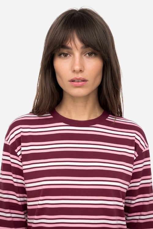 Kadın Bordo Çizgili Loose Fit Bisiklet Yaka Sweatshirt
