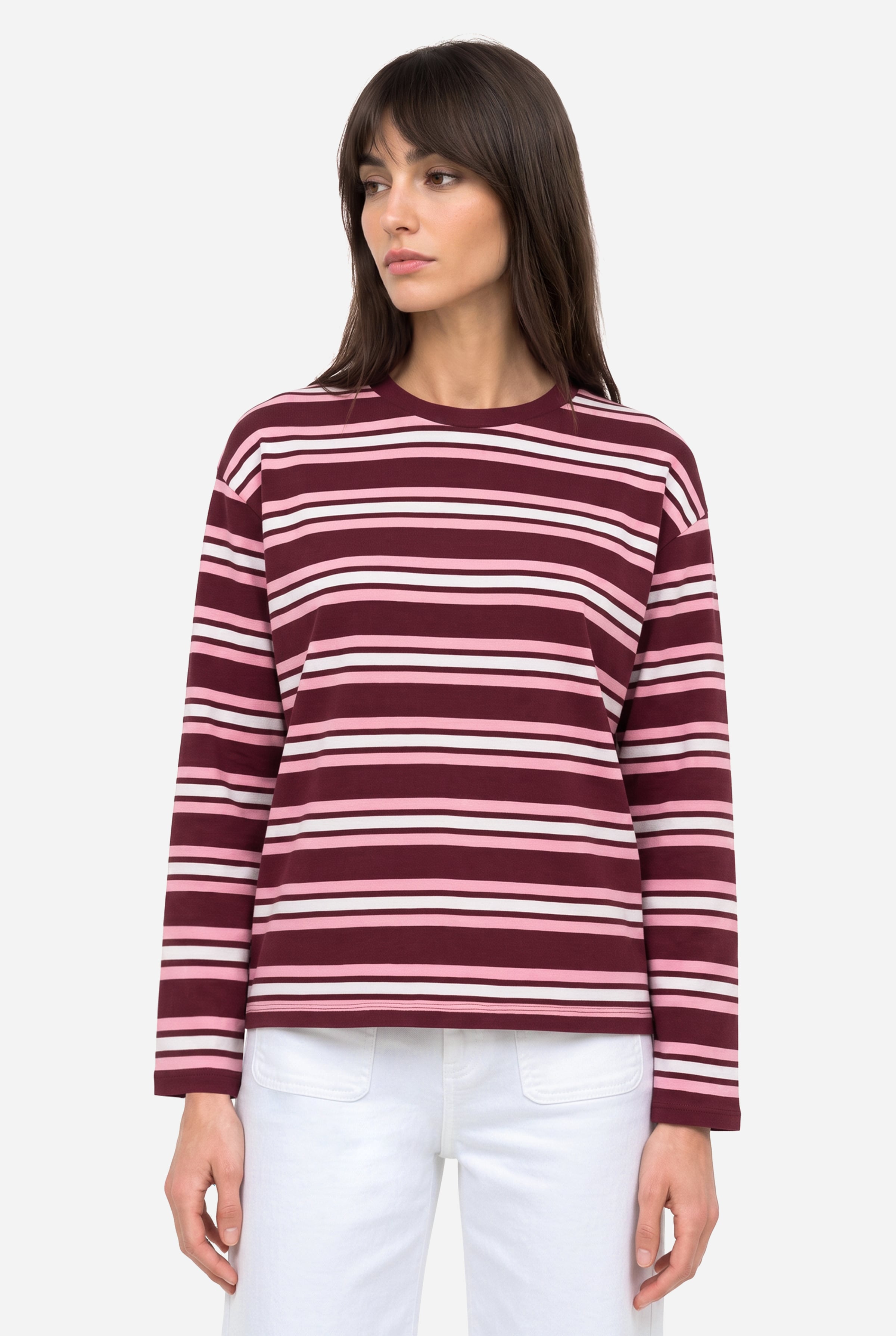 Kadın Bordo Çizgili Loose Fit Bisiklet Yaka Sweatshirt
