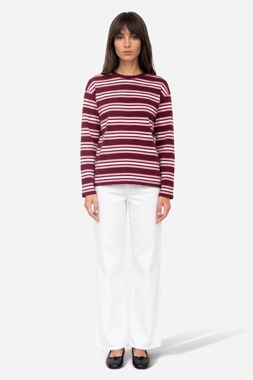 Kadın Bordo Çizgili Loose Fit Bisiklet Yaka Sweatshirt