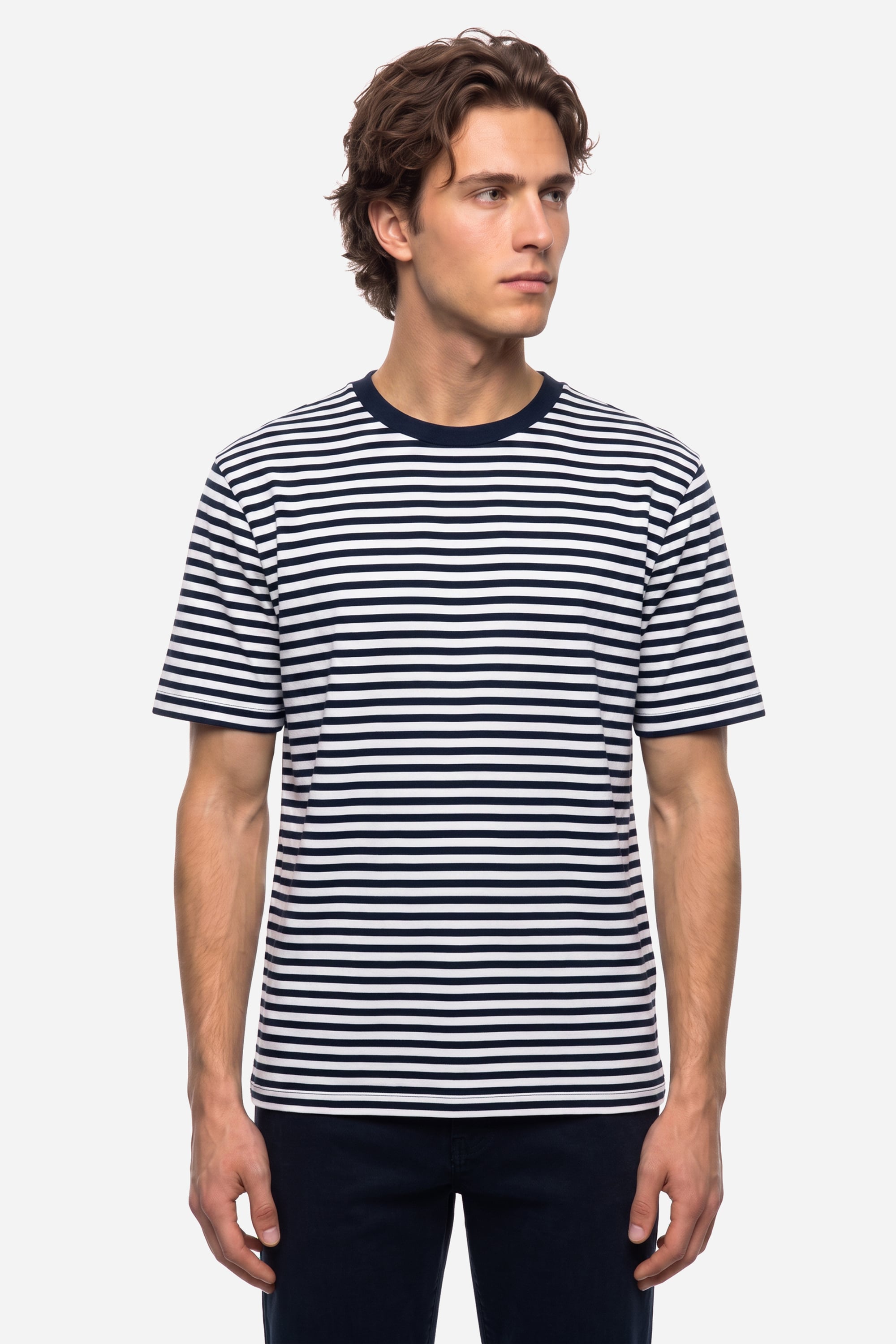 Erkek Lacivert Çizgili Comfort Fit Bisiklet Yaka T-Shirt