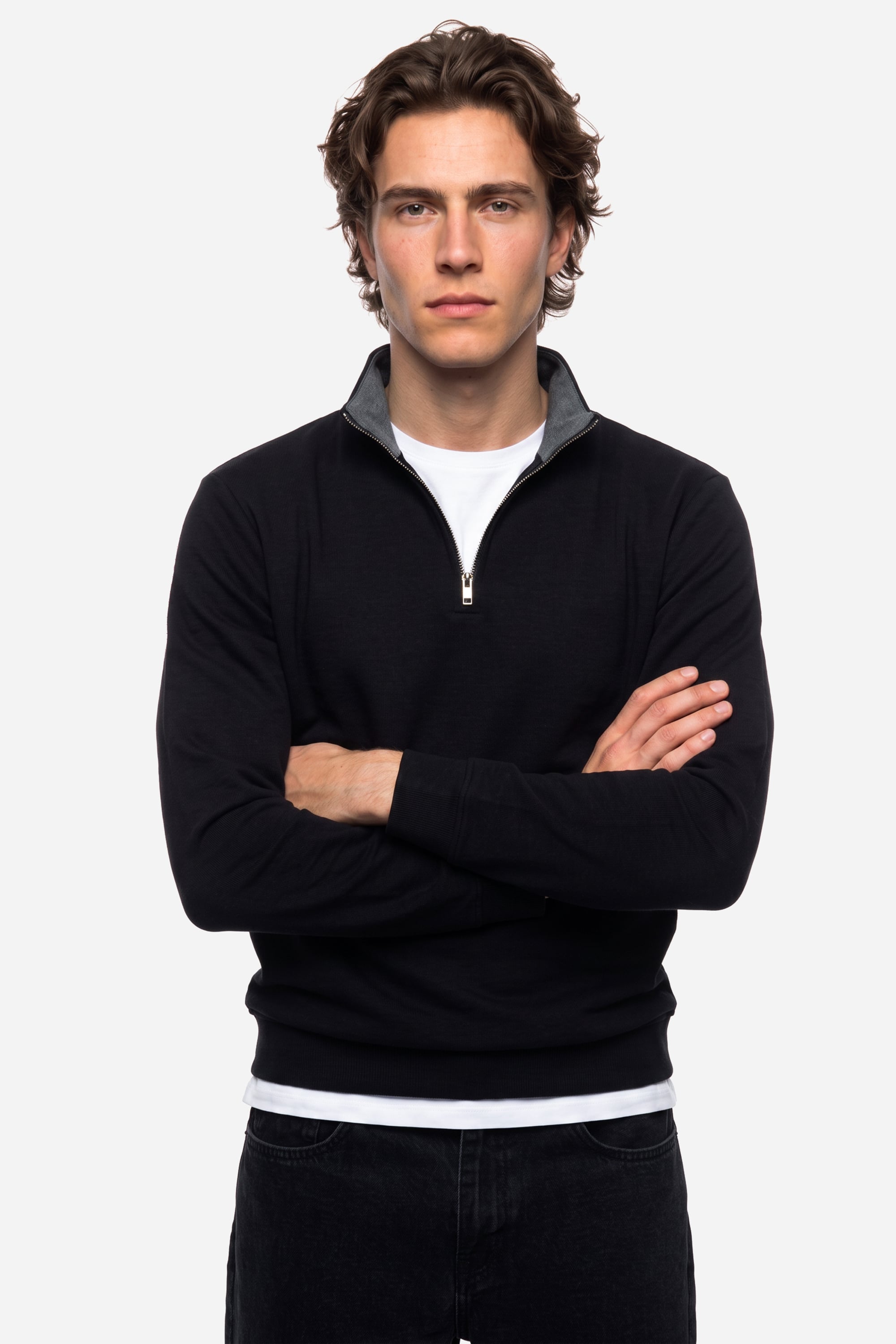 Erkek Siyah Fermuarlı Dik Yaka Sweatshirt