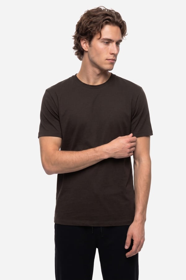 Erkek Kahverengi Bisiklet Yaka T-Shirt