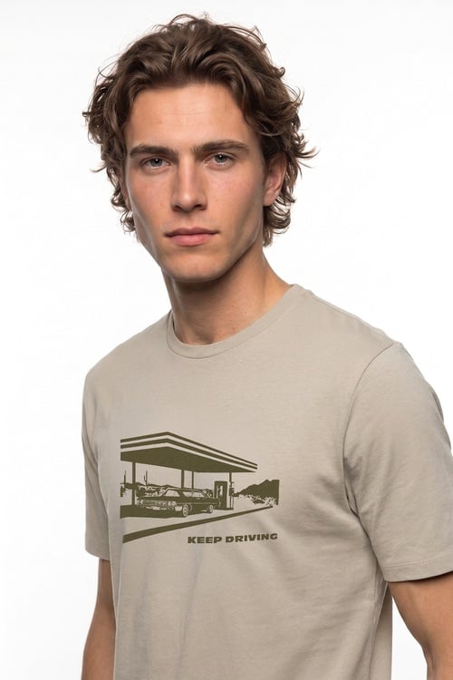Erkek Taş Rengi Baskılı Bisiklet Yaka T-Shirt