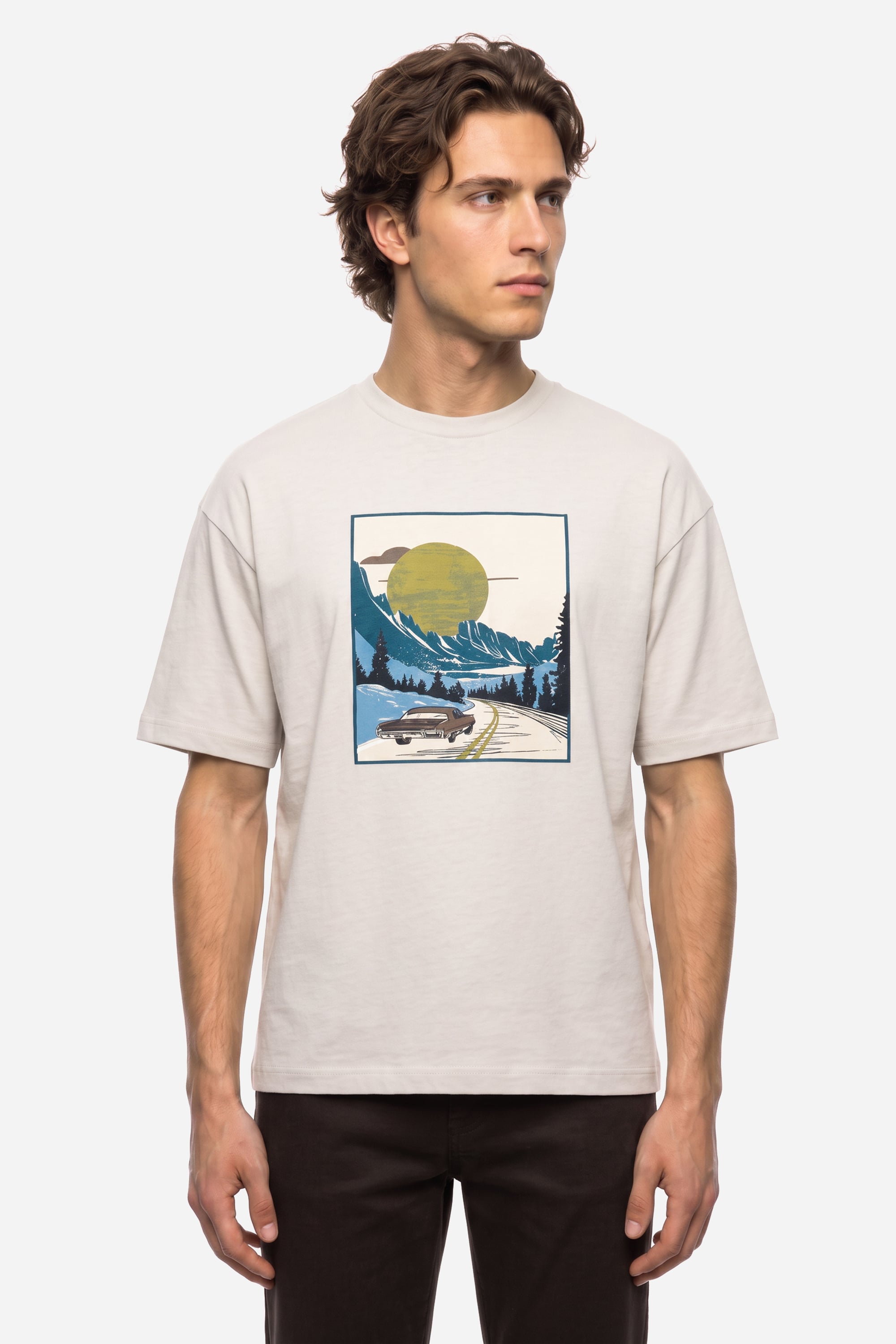 Erkek Beyaz Baskılı Oversize Bisiklet Yaka T-Shirt