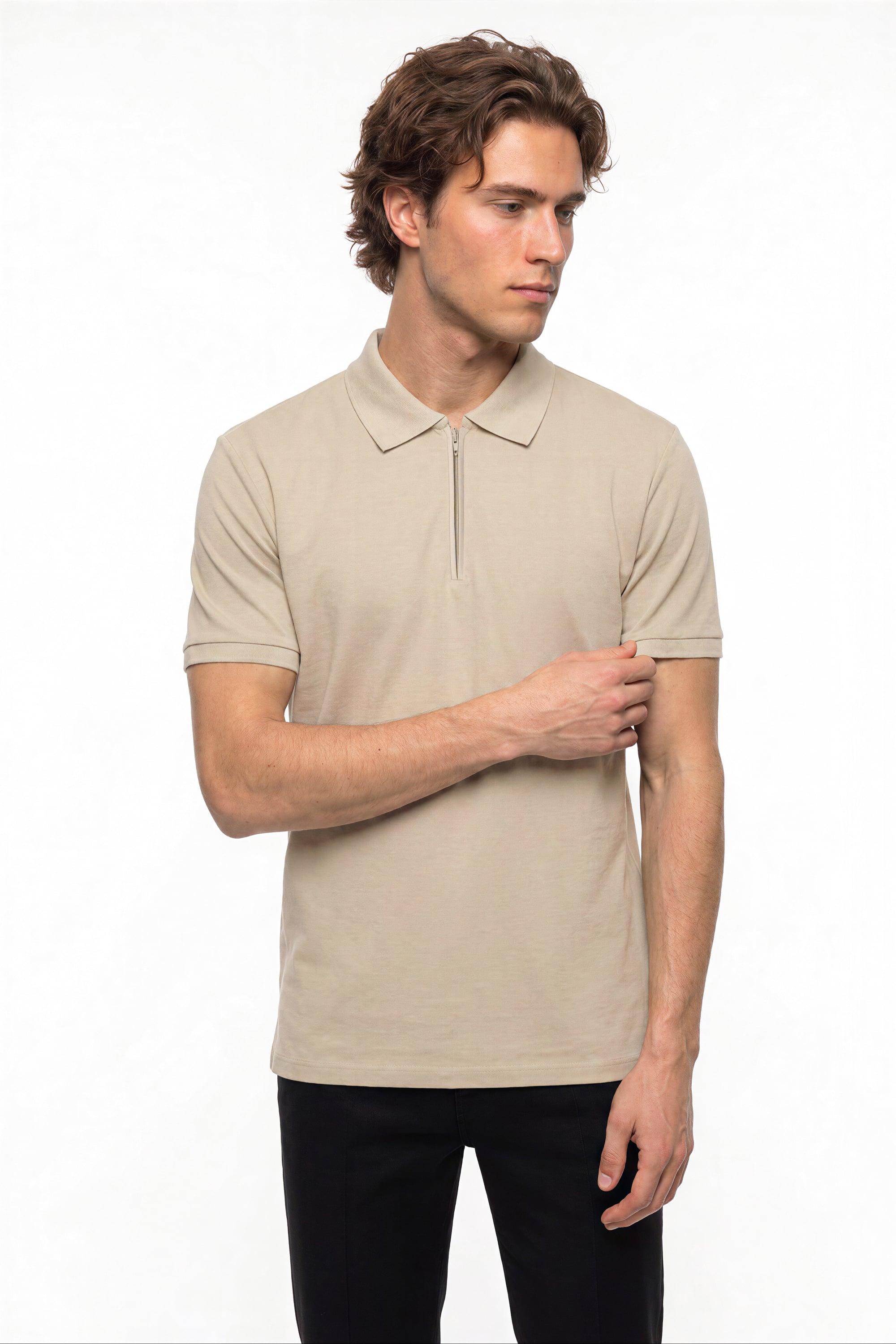 Erkek Bej Rengi Fermuarlı Polo Yaka Kısa Kollu T-Shirt