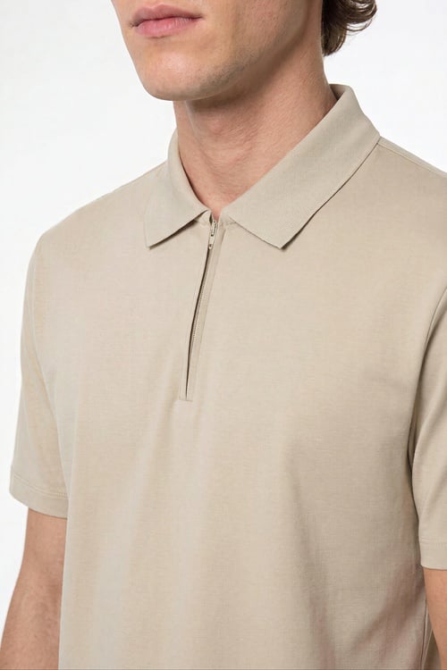 Erkek Bej Rengi Fermuarlı Polo Yaka Kısa Kollu T-Shirt