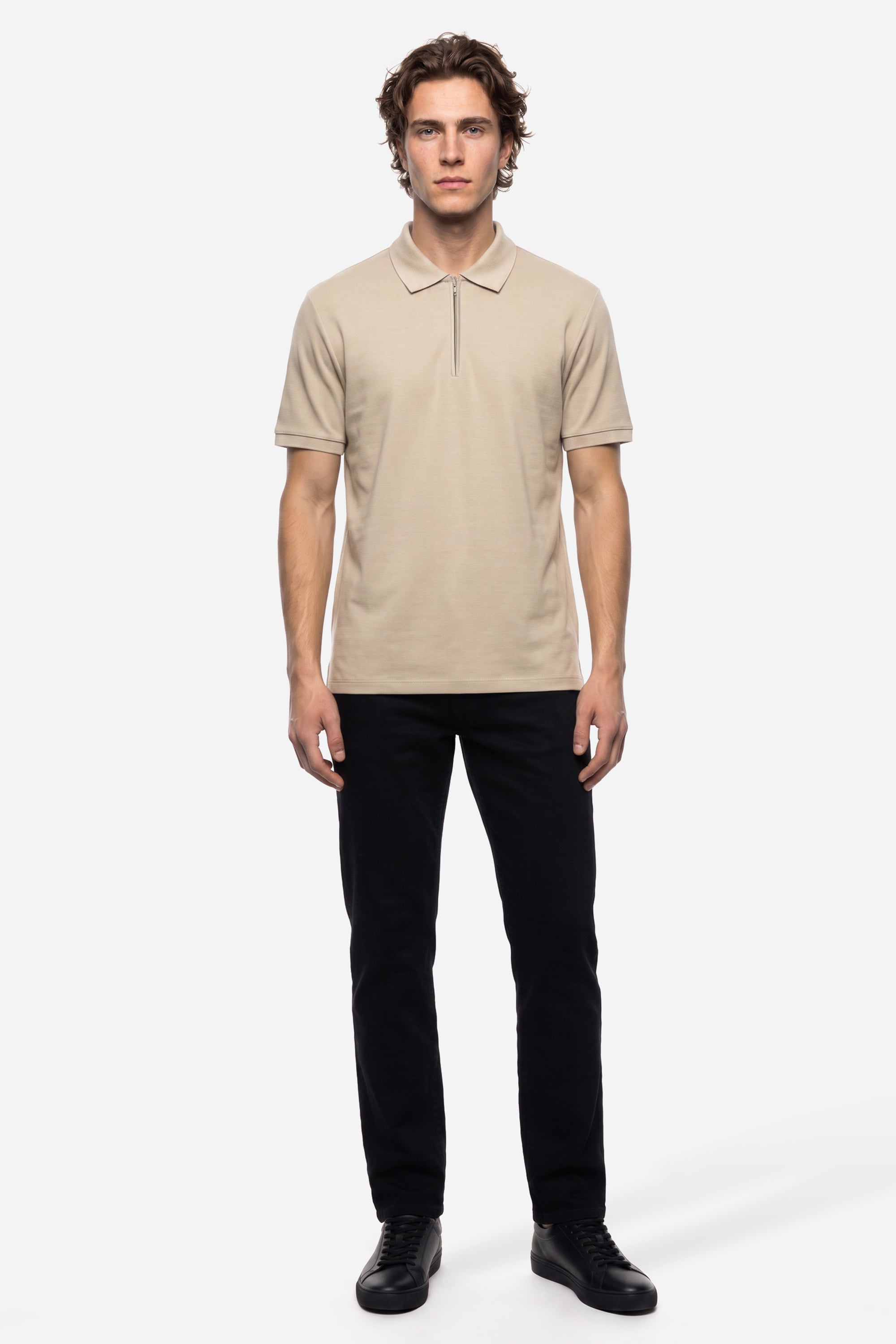 Erkek Bej Rengi Fermuarlı Polo Yaka Kısa Kollu T-Shirt