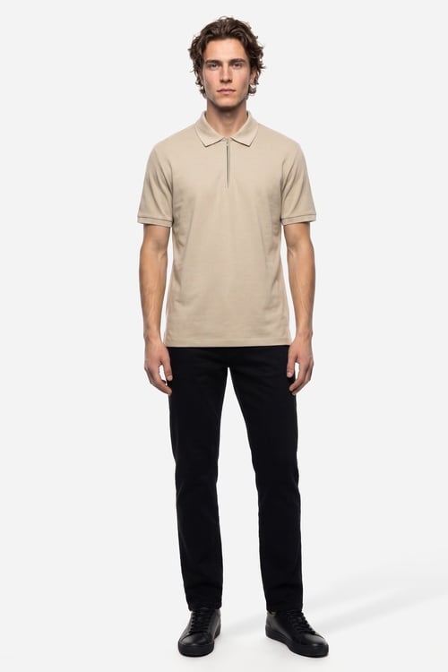 Erkek Bej Rengi Fermuarlı Polo Yaka Kısa Kollu T-Shirt