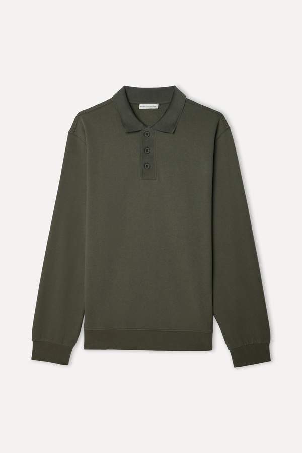 Erkek Haki Comfort Fit Polo Yaka Sweatshirt