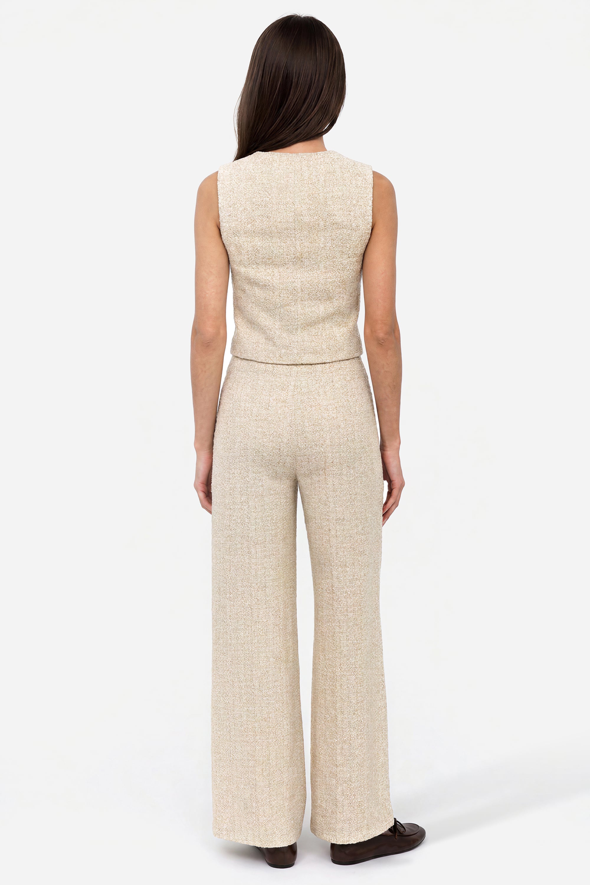 Kadın Ekru Cep Görünümlü Wide Leg Örme Pantolon