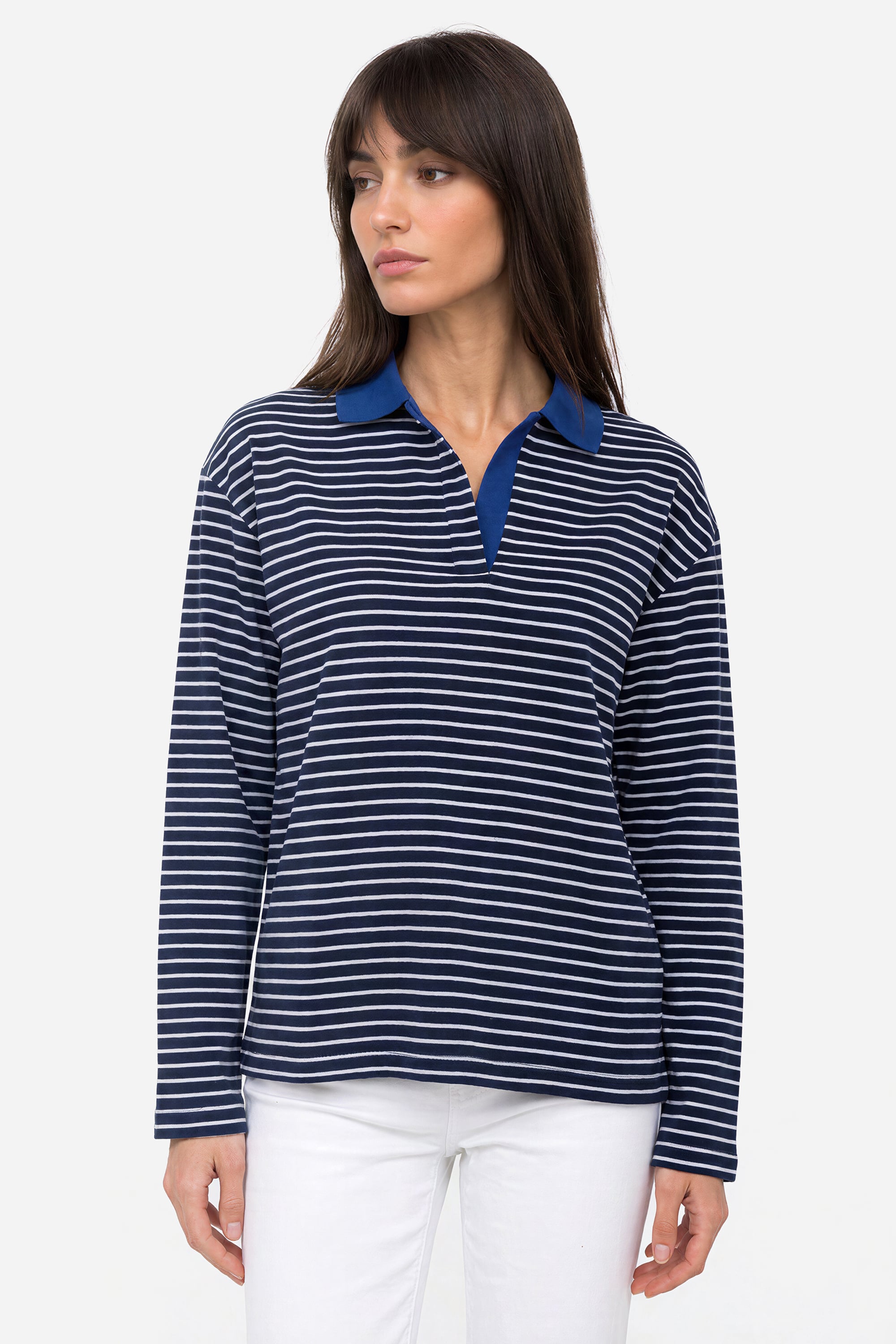 Kadın Lacivert Çizgili Loose Fit Polo Yaka Sweatshirt