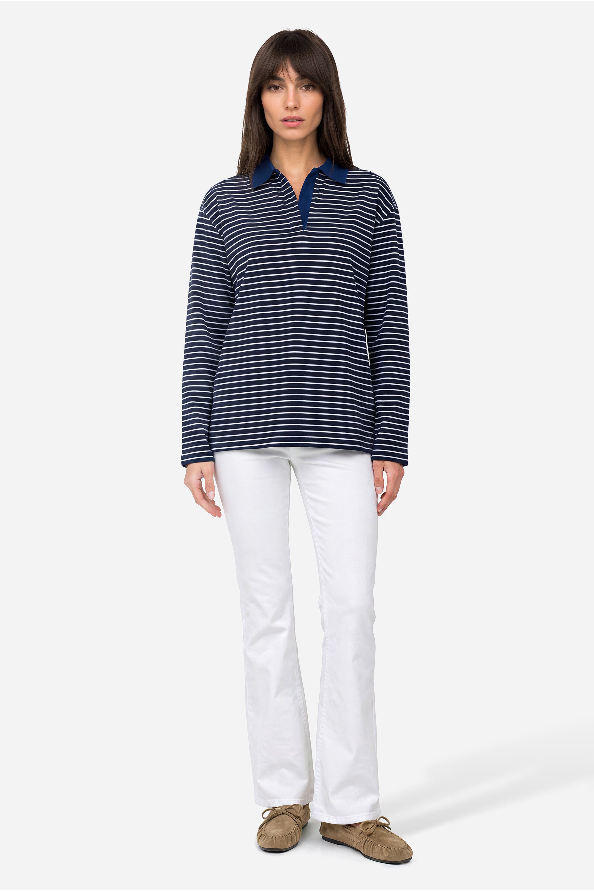Kadın Lacivert Çizgili Loose Fit Polo Yaka Sweatshirt