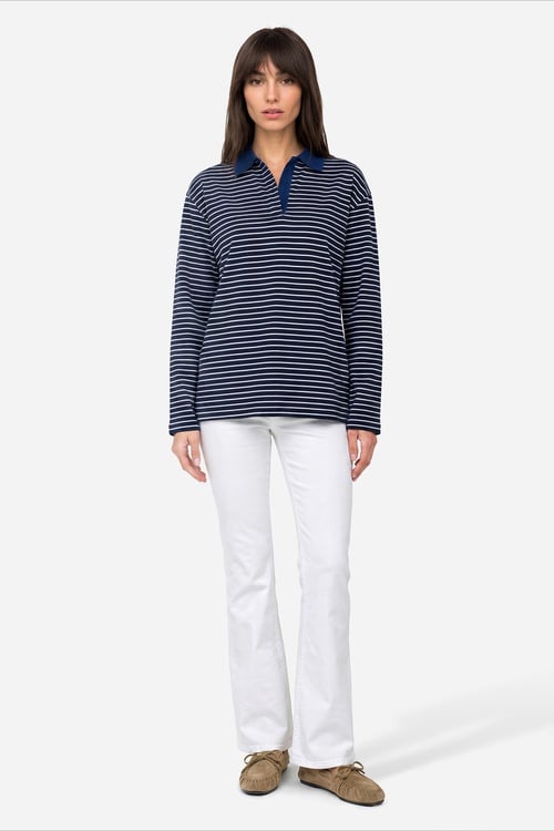 Kadın Lacivert Çizgili Loose Fit Polo Yaka Sweatshirt