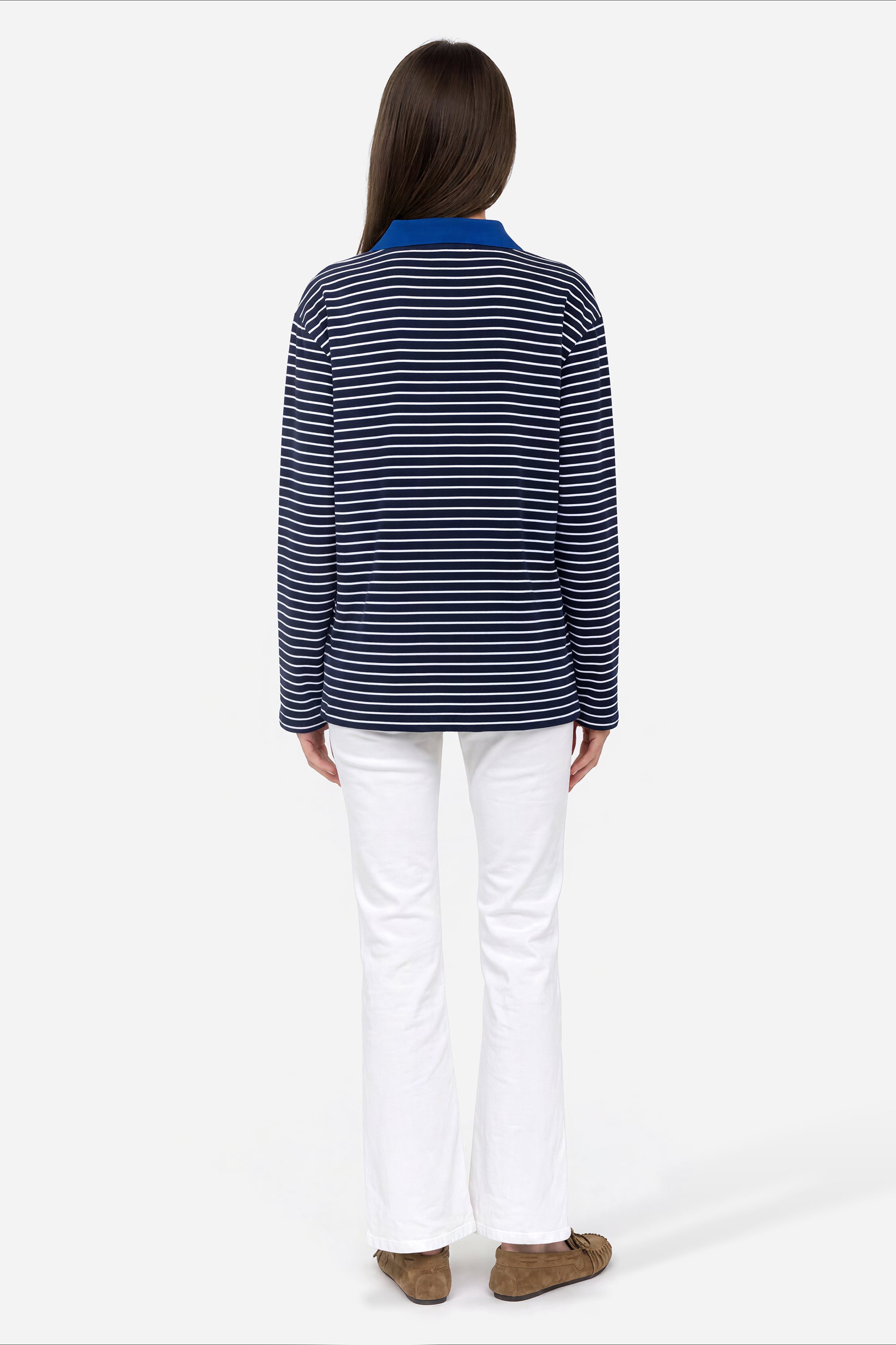 Kadın Lacivert Çizgili Loose Fit Polo Yaka Sweatshirt
