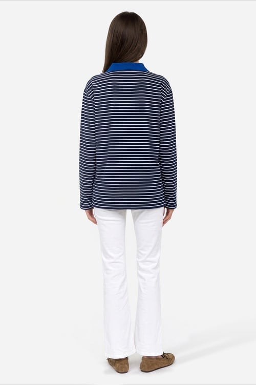 Kadın Lacivert Çizgili Loose Fit Polo Yaka Sweatshirt