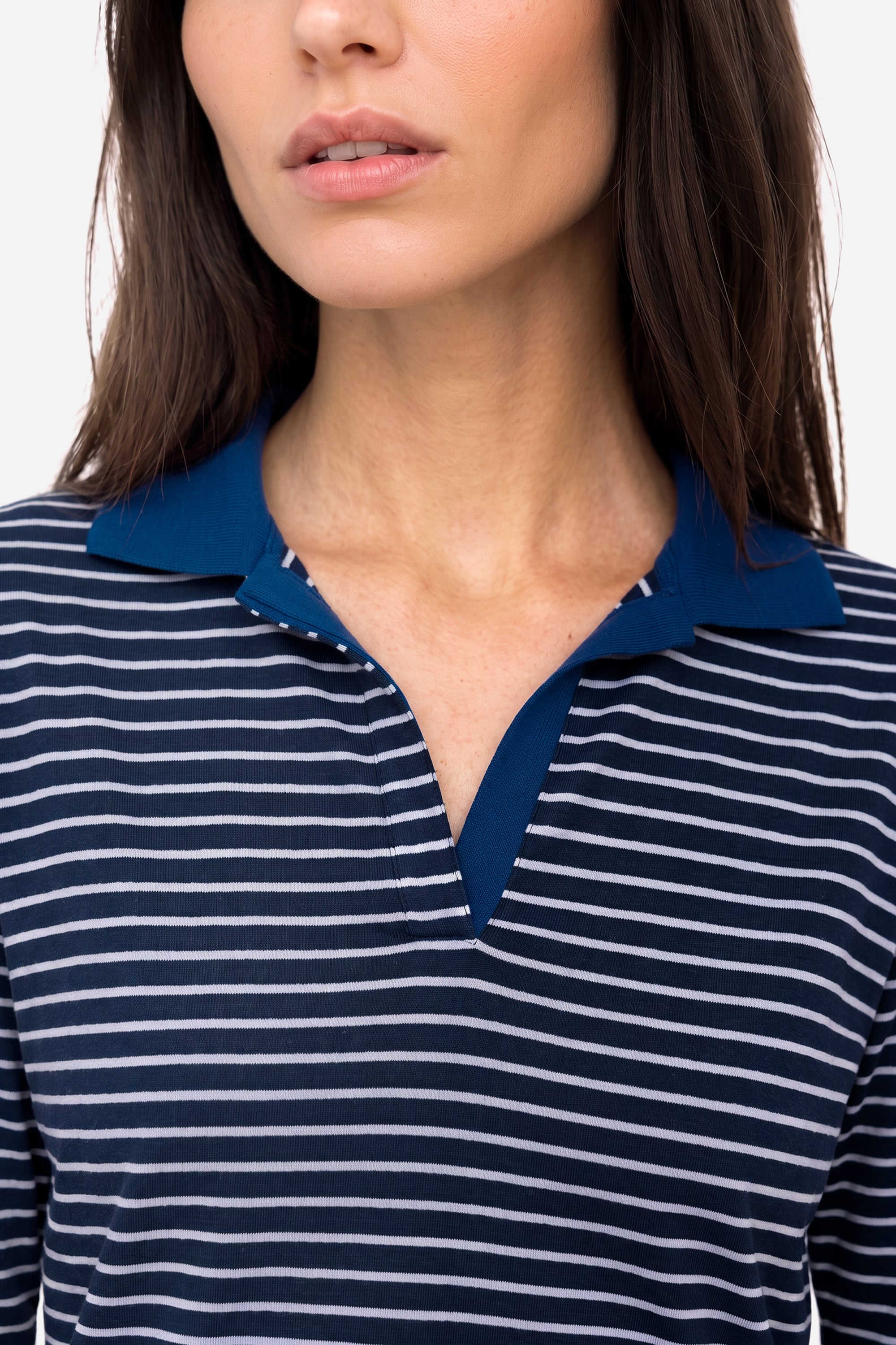 Kadın Lacivert Çizgili Loose Fit Polo Yaka Sweatshirt