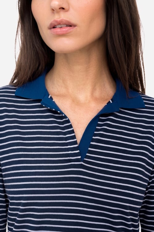 Kadın Lacivert Çizgili Loose Fit Polo Yaka Sweatshirt