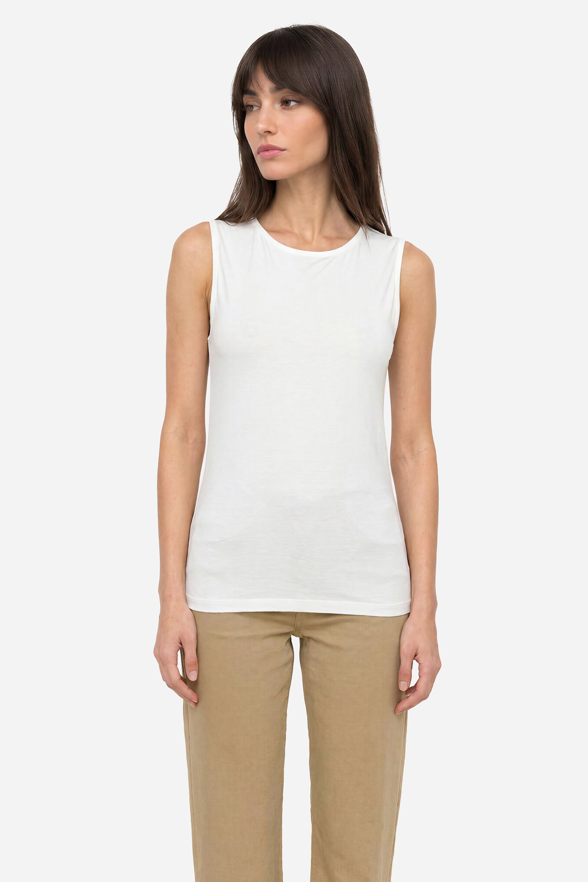 Kadın Kırık Beyaz Bisiklet Yaka Kolsuz T-Shirt