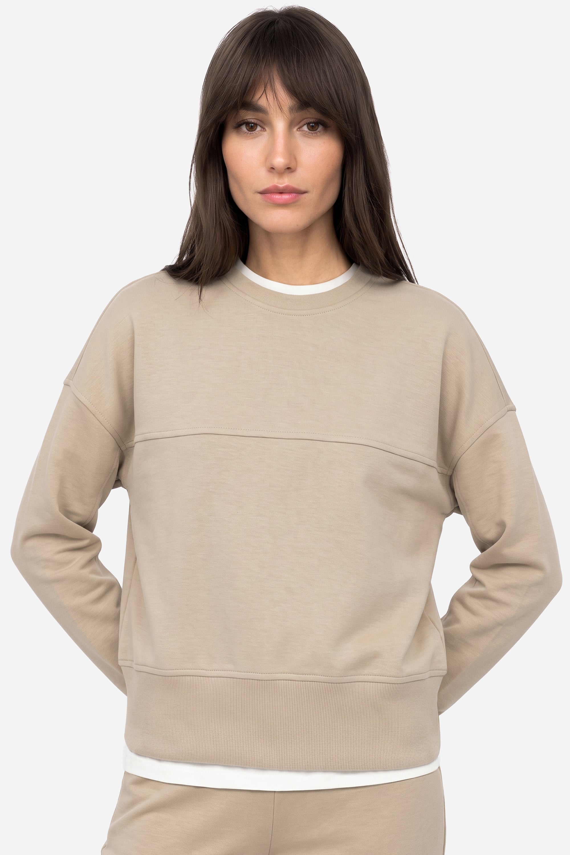 Kadın Bej Rengi Loose Fit Bisiklet Yaka Sweatshirt