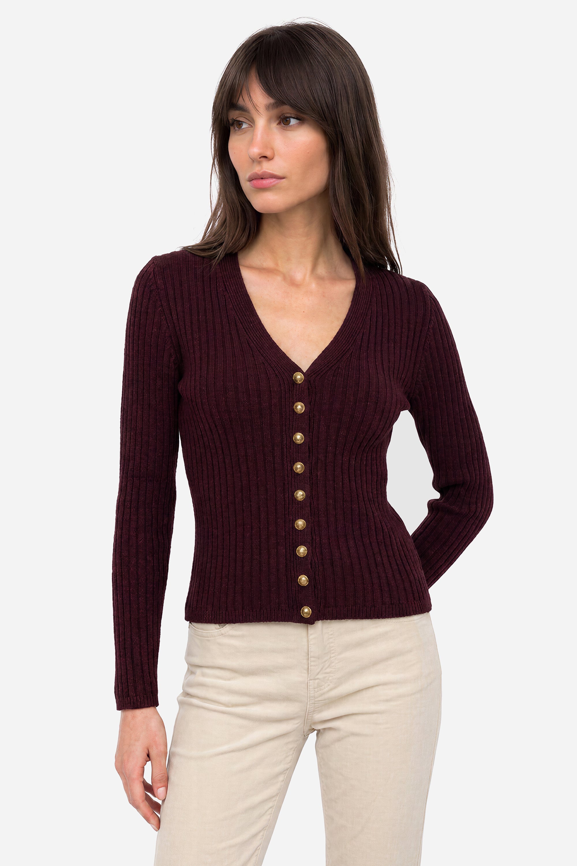 Kadın Bordo Fitted V Yaka Hırka